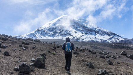 Reisender vor dem Vulkan Chimborazo, Ecuador