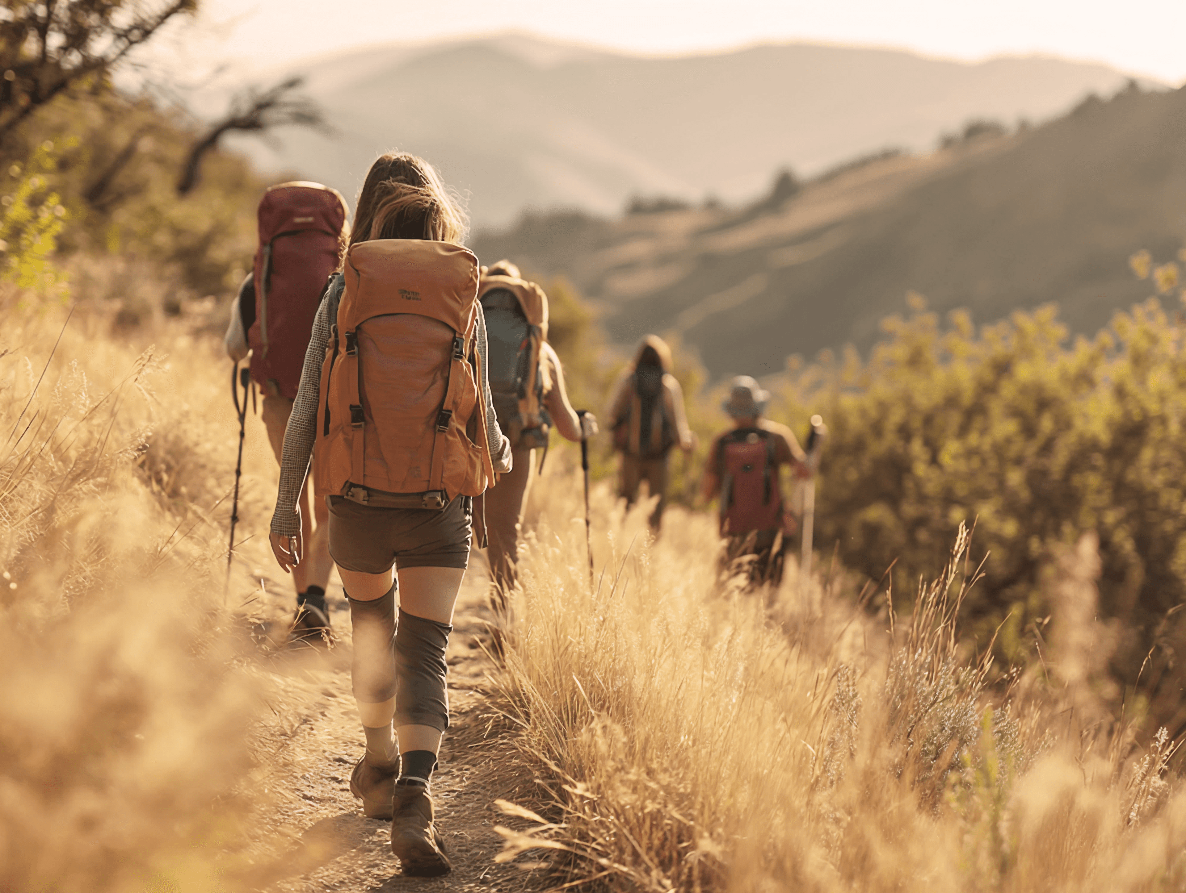 Gruppe von Wanderern auf einem Bergpfad in sommerlicher Landschaft.