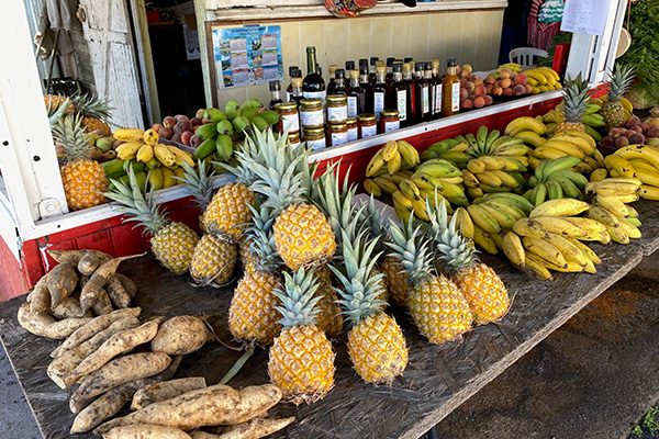 Marktstand mit exotischen Früchten auf La Réunion