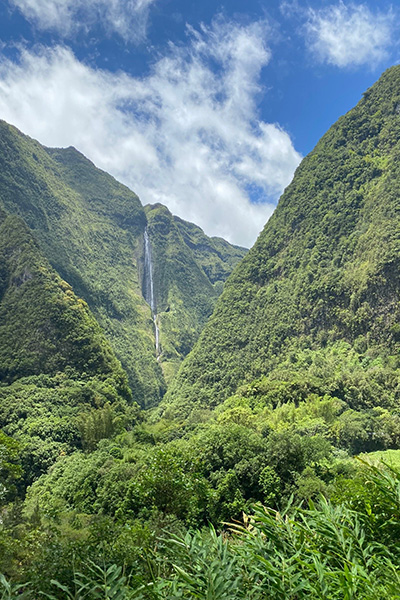 Wasserfall zwischen grünen Hängen auf La Réunion