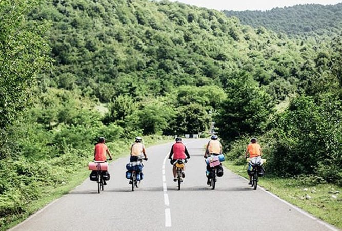 5 Radfahrer auf Straße durch bewaldete Hügel