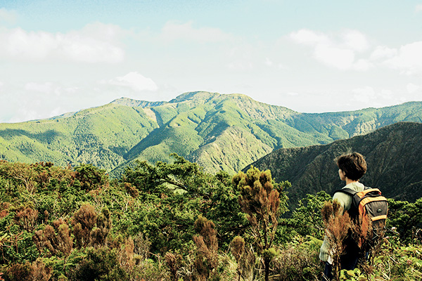 Wanderer vor dem Pico da Vara auf Sao Miguel, Azoren, Portugal